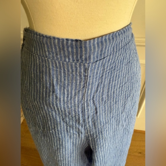 FLAX Blue Striped Linen Capri Pants - Picture 2 of 8